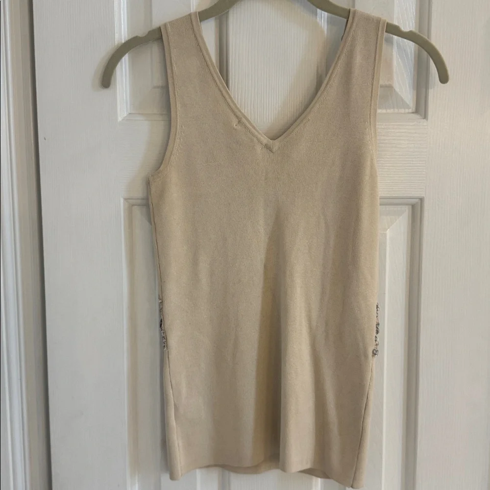 Caché Vintage Cream Silk Blend Very Embellished V-Neck Bodycon Top - Picture 7 of 11